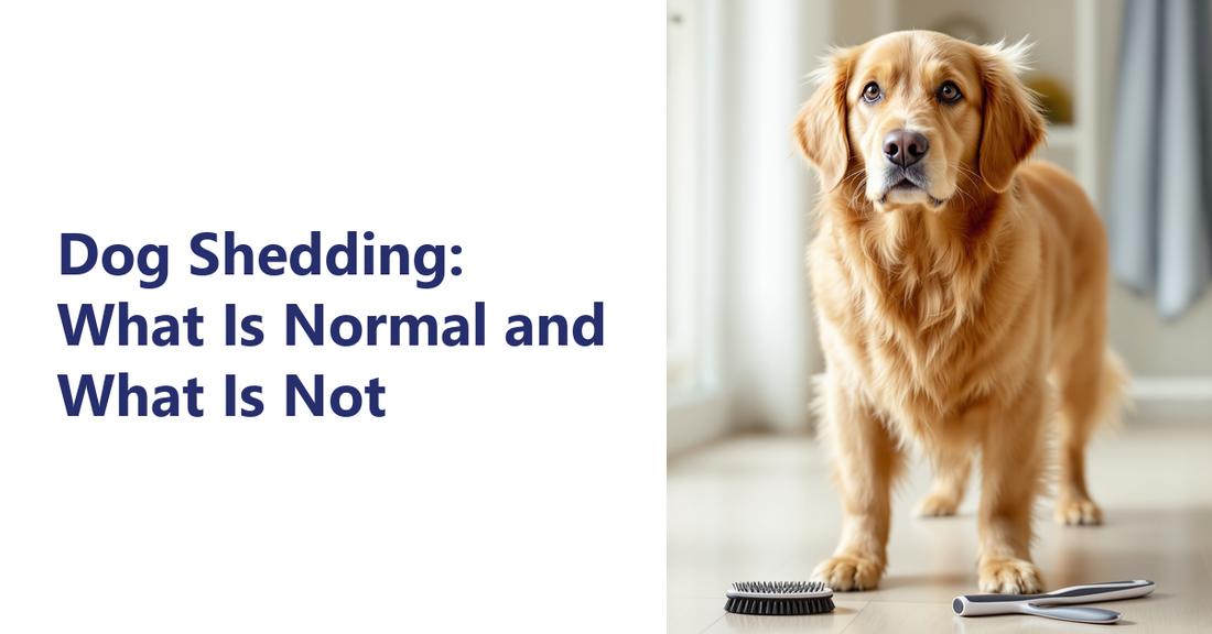 Dog shedding - golden retriever beside grooming brushes | K9 Vitality
