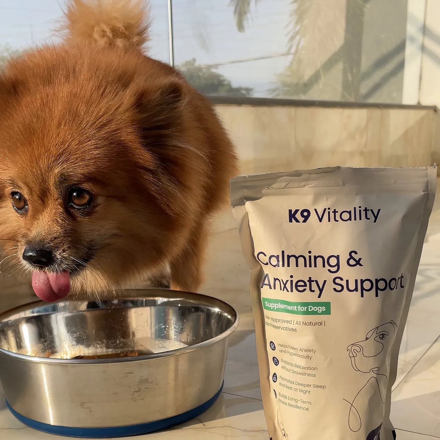 A fluffy brown dog beside its bowl and the Calming & Anxiety Support pack