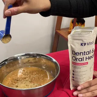 Dental & Oral Health powder on wet food, with the pack beside the bowl