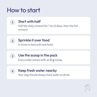 How to start: half the daily amount for 7 to 10 days, sprinkled over food
