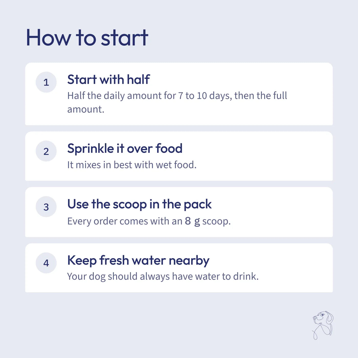 How to start: half the daily amount for 7 to 10 days, sprinkled over food