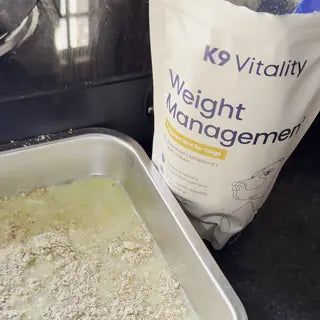Weight Management powder on a tray of home-cooked food, with the pack beside it